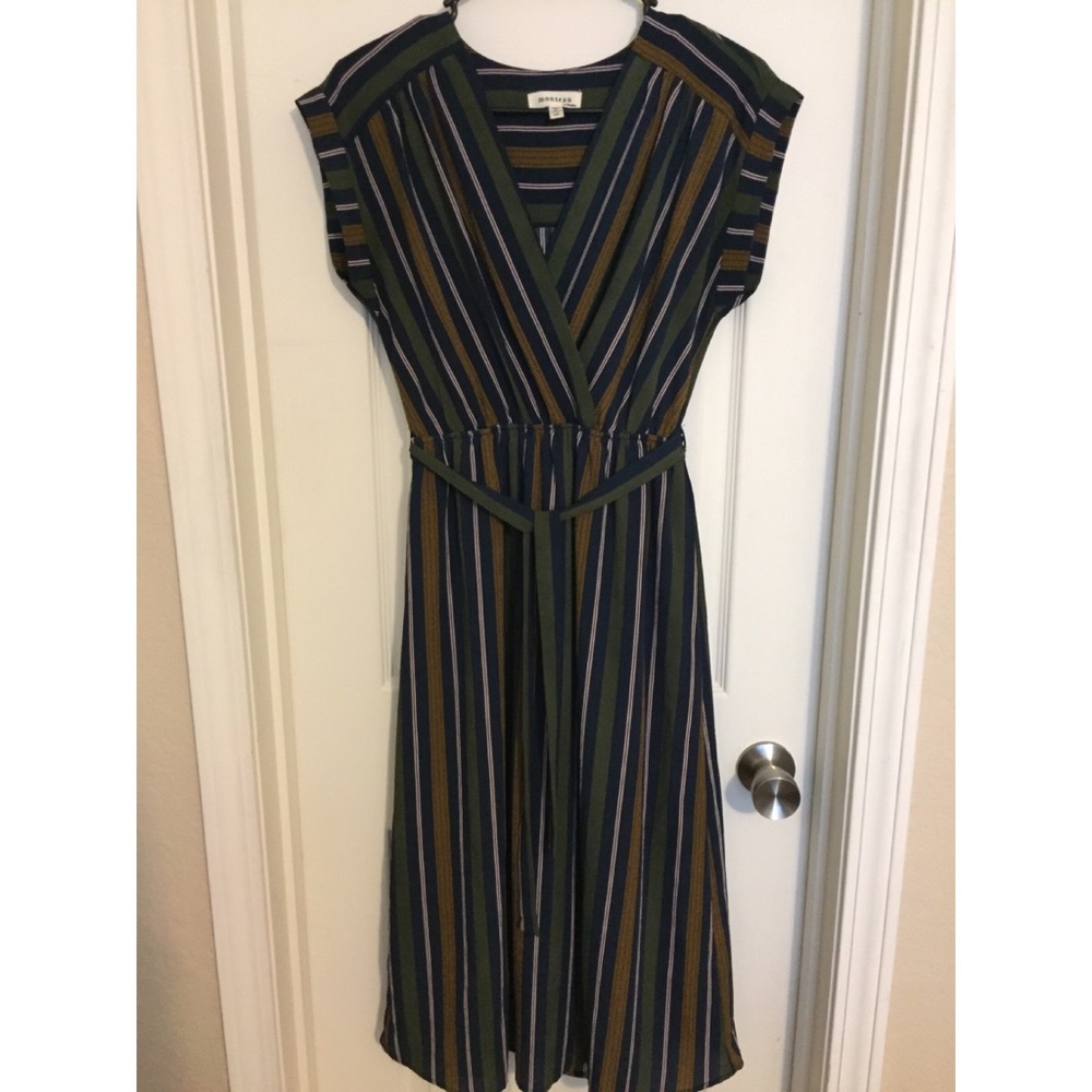 Green and navy blue striped midi dress